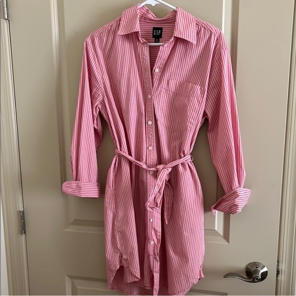 GAP Pink Striped Shirt Dress with Waist Tie